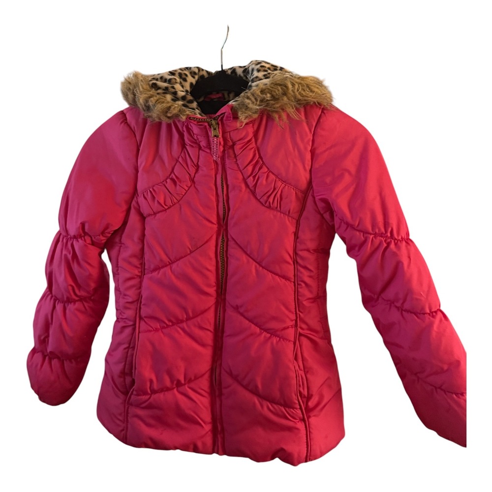 London Fog Girls Pink Puffer Coat Size 7/8 Faux Fur Leopard Hood Ruffle